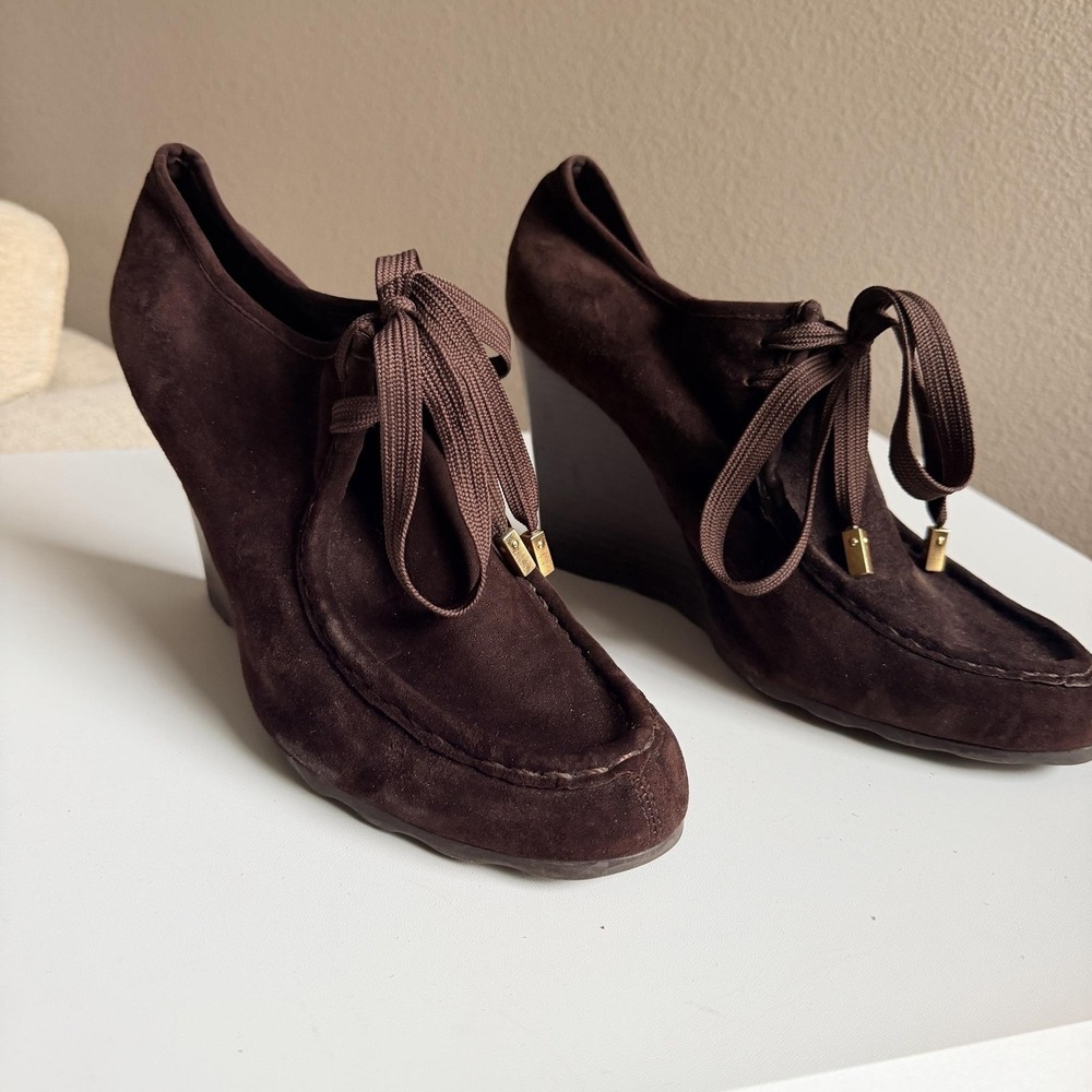 BCBGMAXAZRIA Shoes Womens Size 11 Brown Suede Lace Up Wedge Heel Round Toe